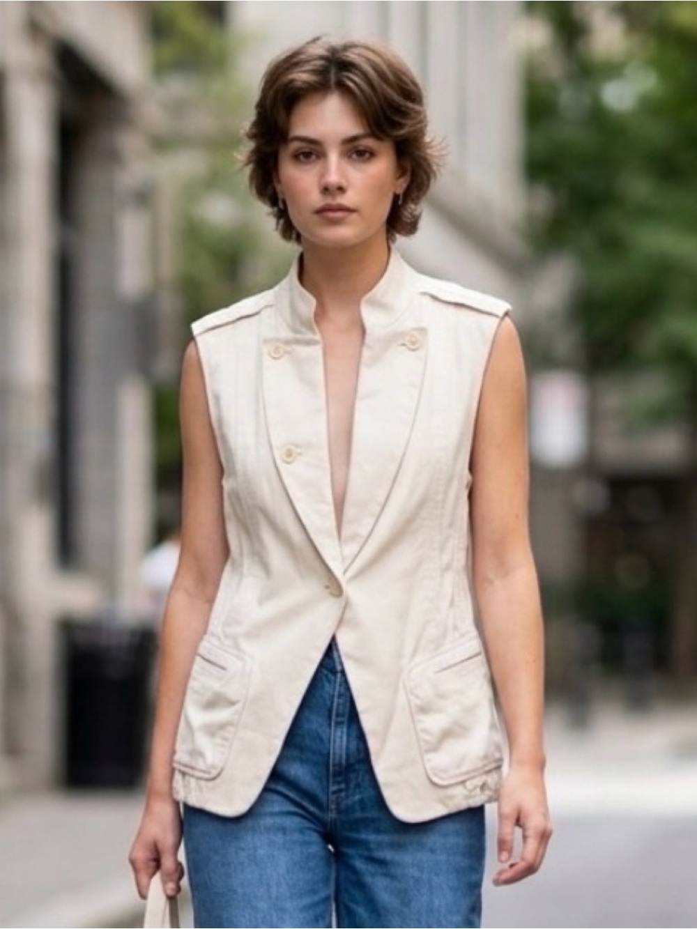 Urban Zen by Donna Karan Cream Linen Blend Sleeveless Vest Jacket Size M